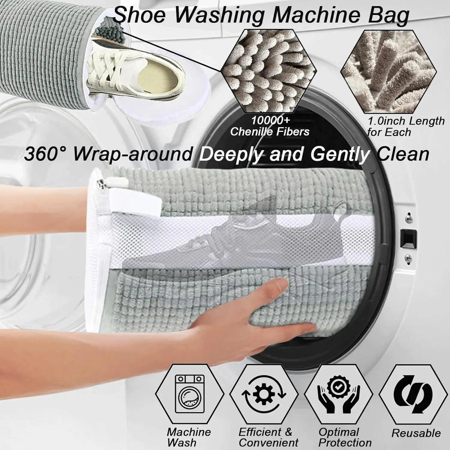 Side Zipper Shoe Bag Washing Machine Chenille Velvet Lined Portable Fluffy Fiber Sneaker Laundry