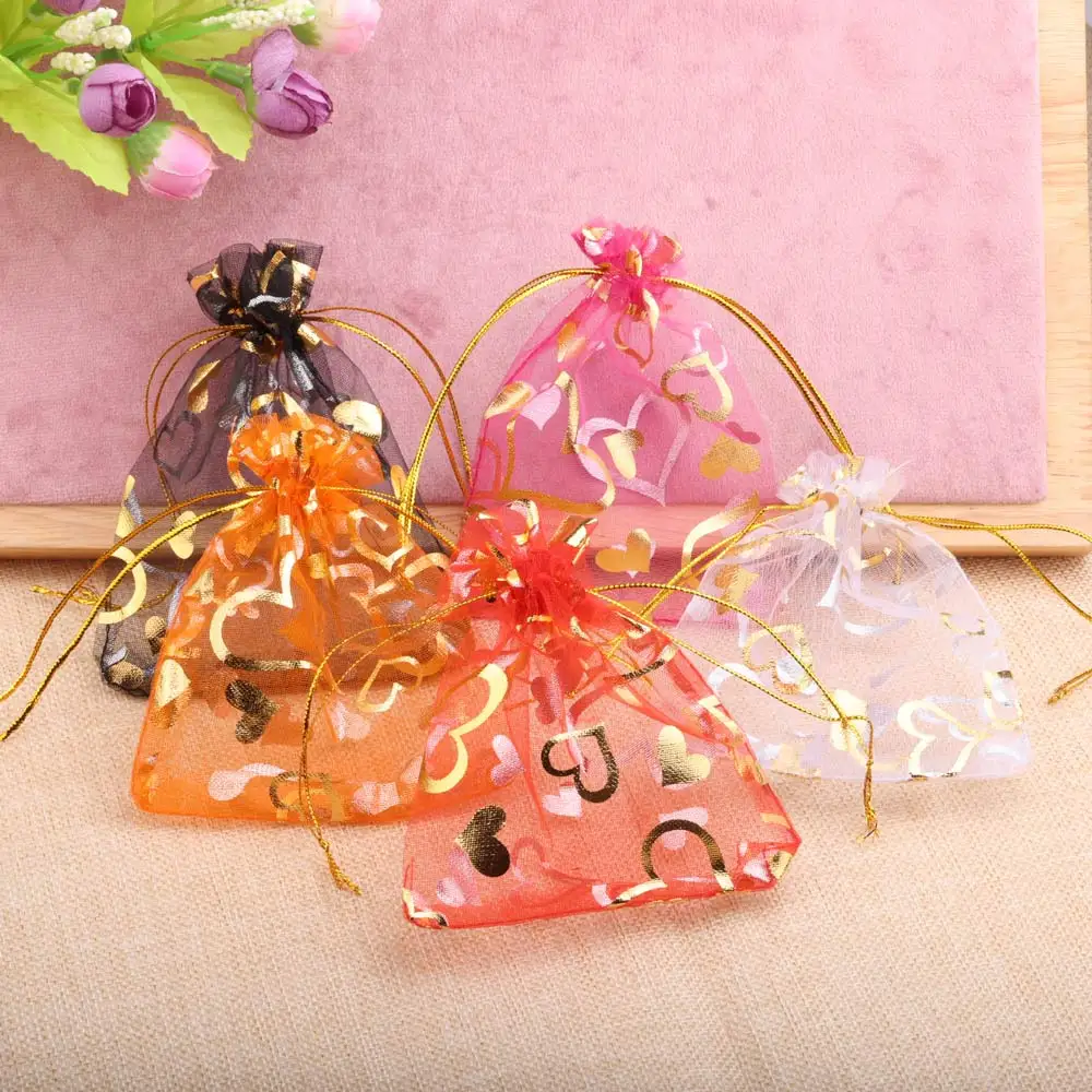 LFPU 50pcs 7x9cm Gold Color Heart Organza Bags Wedding Party Christmas Drawable Packaging Display Bag Candy Jewelry Gift Pouches