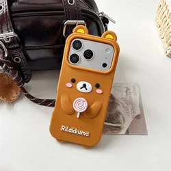 Adorable 3D Rilakkuma Bear Spinning Lollipop Phone Case - Soft Silicone Cover - iPhone 15 (Brown)