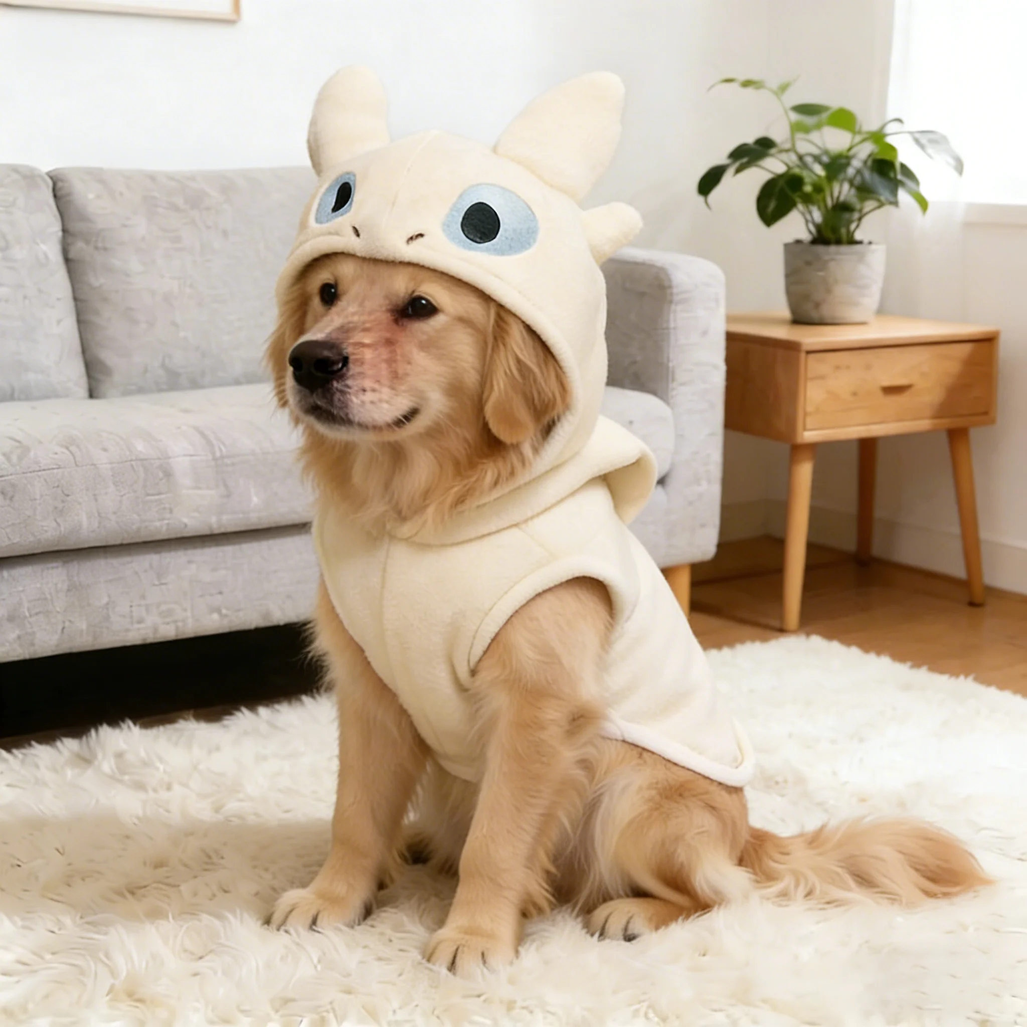 A golden retriever dog sitting on a white shag rug in a living room, wearing a cream-colored Pet Hoodie with dragon-themed features on the hood.