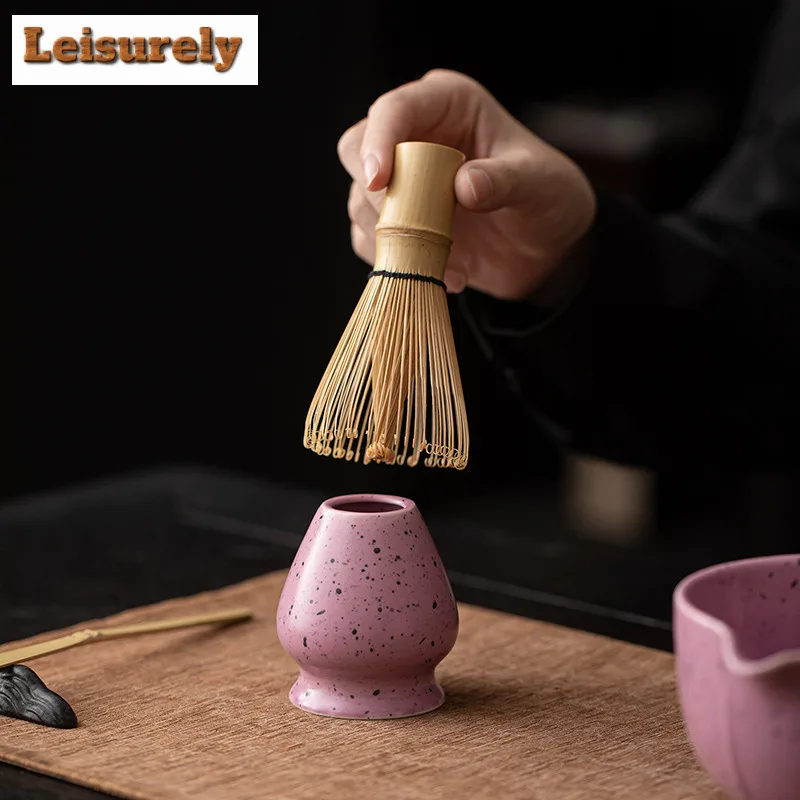 Milk Purple Ink Dot Matcha Four-piece Set Ceramic Bowl Tea Cup Hundred Book Stand Whisk Tea Services Drinkware Ornaments Craft