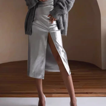 Lautaro-샤이니 Pu 가죽 스커트 하이 웨이스트 롱 럭셔리 디자이너 의류 여성용, 블랙, 실버, 골든, Pu 가죽, 블랙, 2023 봄 가을