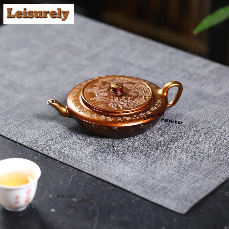 190ml Yixing Purple Clay Teapots Handmade Flat Pot Raw Ore Stone Yellow Mud Conch Roasting Gold Sand Kettle Zisha Tea Set Craft