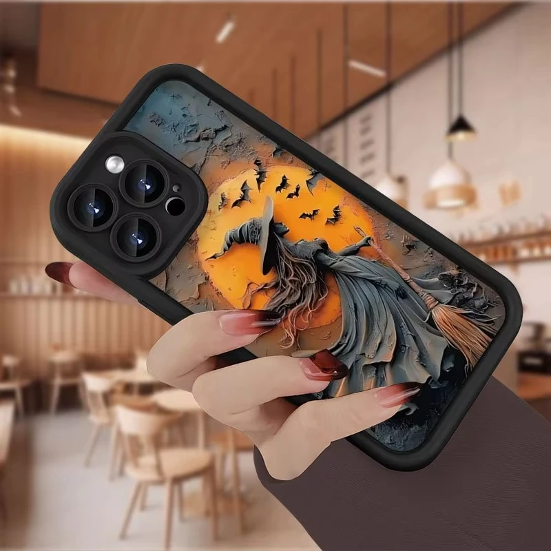 Glowing Moonlight Witch Broom & Bat Silicone Phone Case