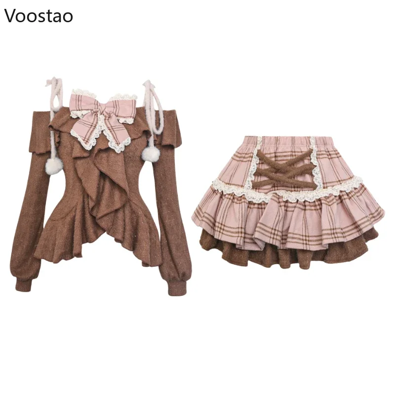 Japanese Sweet Lolita 2 Piece Sets Women Retro Off Shoulder Bow Blouse Tops Plaid Cake Mini Skirt Girls Kawaii Y2k Slim Outfits 5