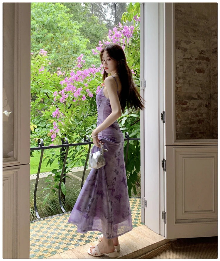 Sexy Printed Long Dresses for Women Mesh Spaghetti Strap Slim A-line Party Dress Summer Korean Fashion One Piece Vestido Mujer