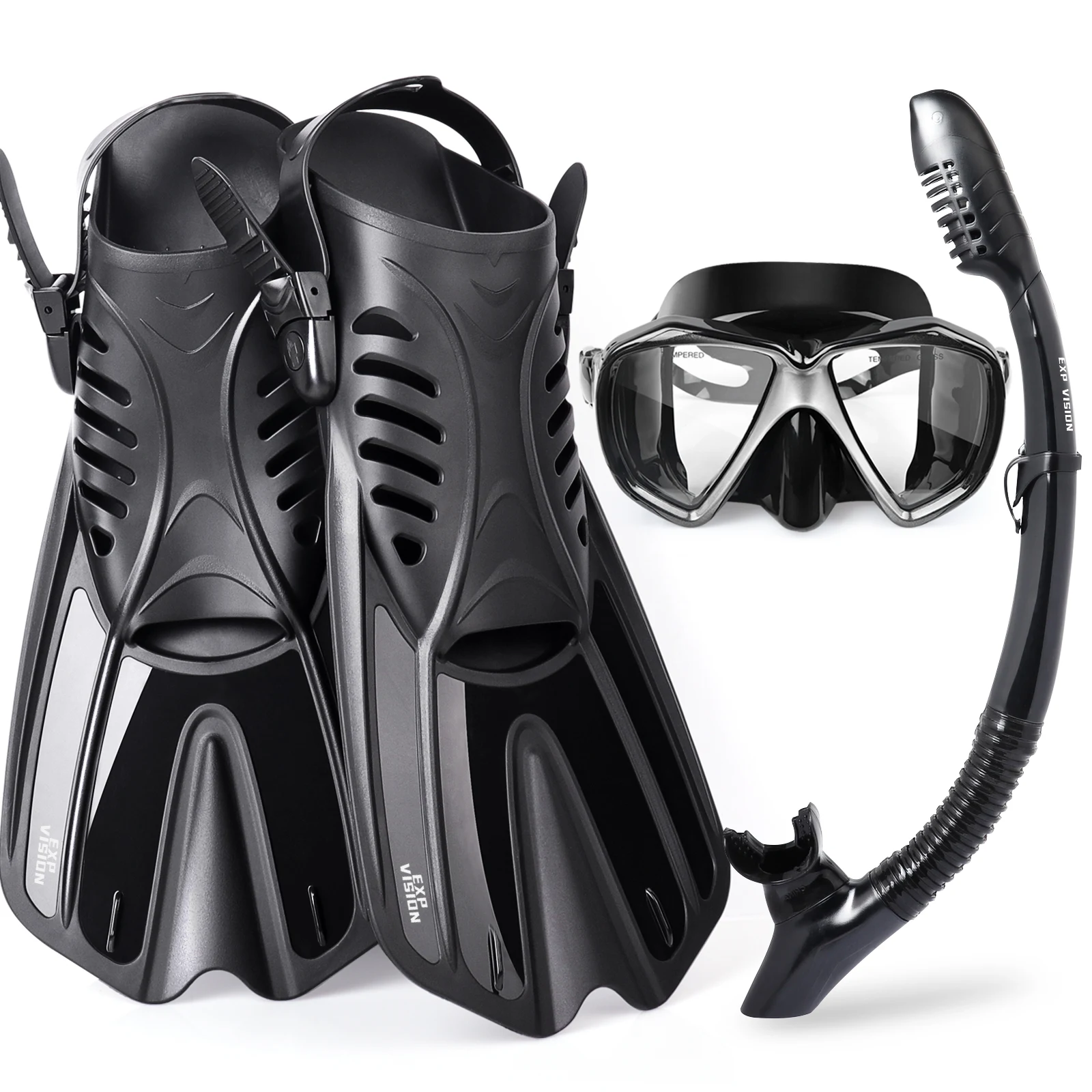 Snorkeling Gear for Adult, Anti-fog Diving Mask, Anti-Leak Dry Top Snorkel and Dive Flippers, Diving Package, 180 &deg;