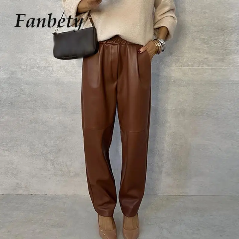 

2024 High Street Solid Color Pocket Slim Trousers Women Commuting Long Leather Pant Office Fashion Elastic Mid Waist PU Pants