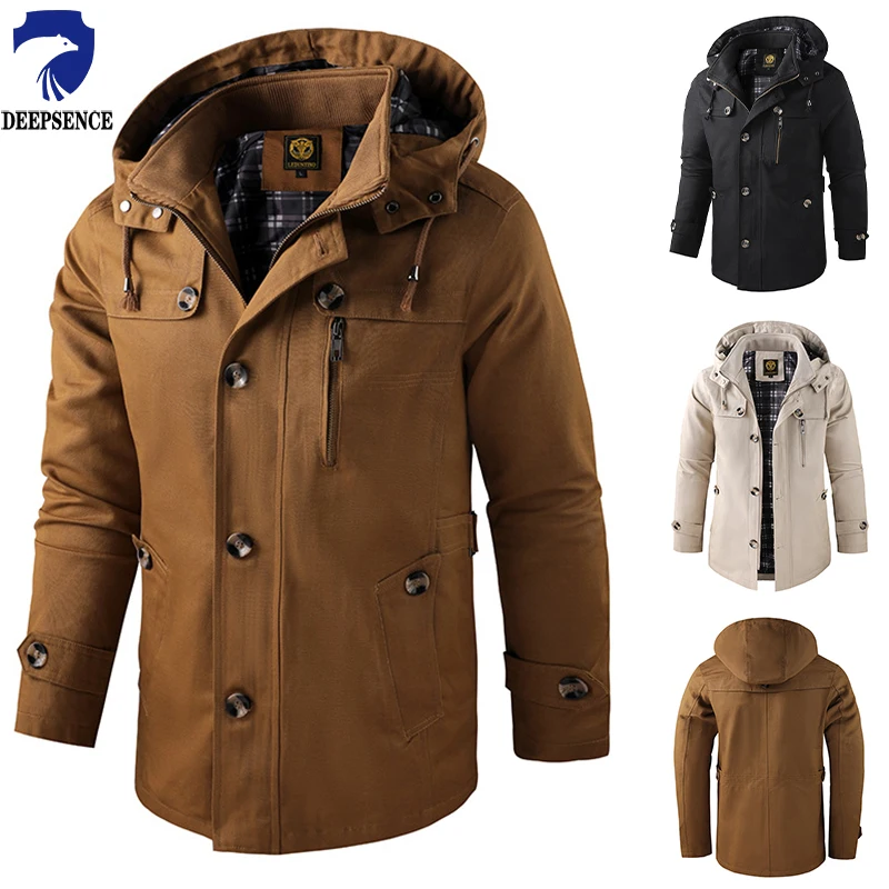 

Мужская куртка средней длины на весну и осень, приталенная износостойкая зимняя уличная Рабочая куртка с капюшоном и несколькими карманами для мужчин