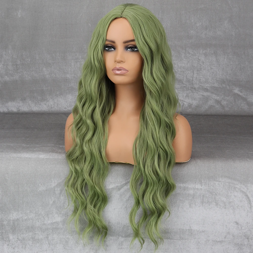 Long Wavy Green Synthetic Wig Women's Heat-Resistant Natural Half Part Cosplay Party Lolita Red Black Pink Wig for synthetic hair wigs