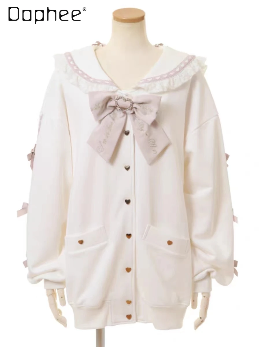 Japanese Sail Collar Mid-Length Sweatshirts Women 2024 Spring and Autumn Lolita Style Love Button Long Sleeve Cardigan Female