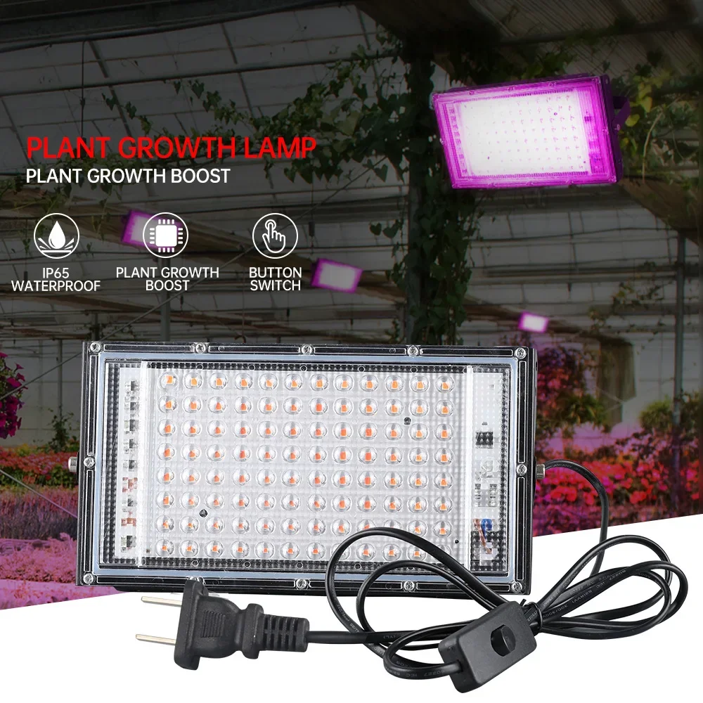 LED Grow Light 50W/100W for Indoor Plants Waterproof Full Spectrum Plant Growth Lamp Purple LEDs Adjustable Stand One Switch