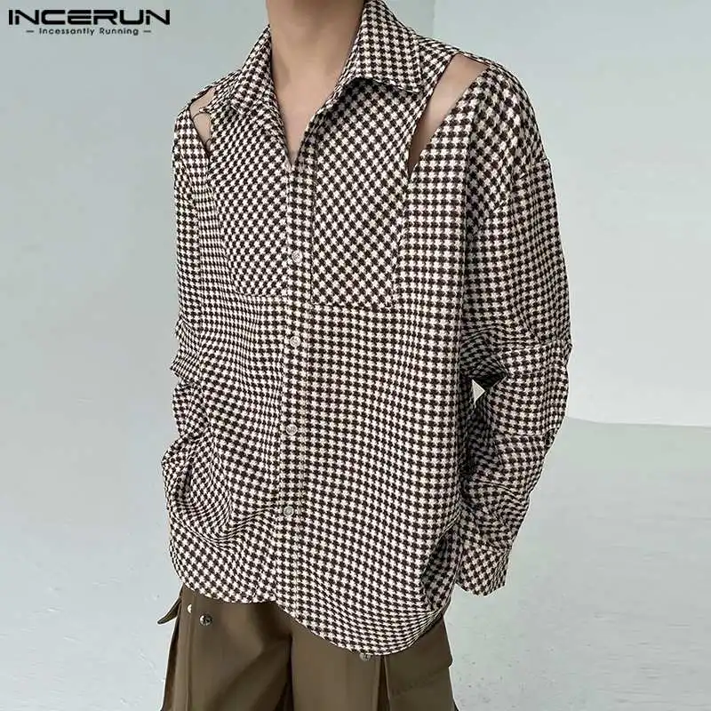 Handsome Well Fitting Tops INCERUN Men's Fashionable Hollow Plaid Shirts Casual Streetwear Hot Selling Long Sleeved Blouse S-5XL