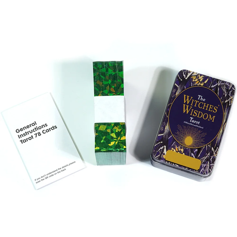 

The Witches’ Wisdom Tarot Deck In A Tin Box with Green Gilded Edges 78 Pcs Tarot Cards with Guidebook for Beginners 10.3*6cm