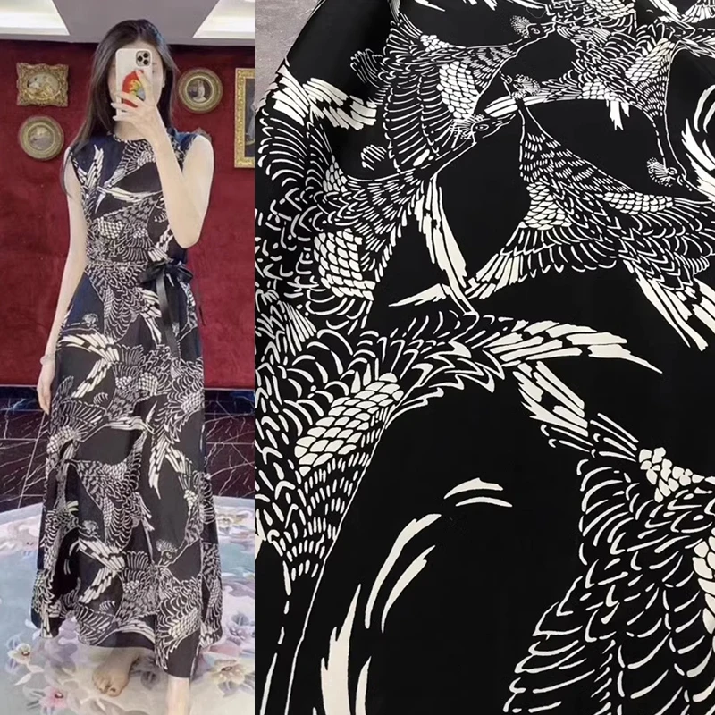 

Модная брендовая модель, Элегантная черная шелковая стрейчевая ткань с принтом животных, крепдешиновая ткань, летняя крутая Классическая рубашка, дизайнерская ткань