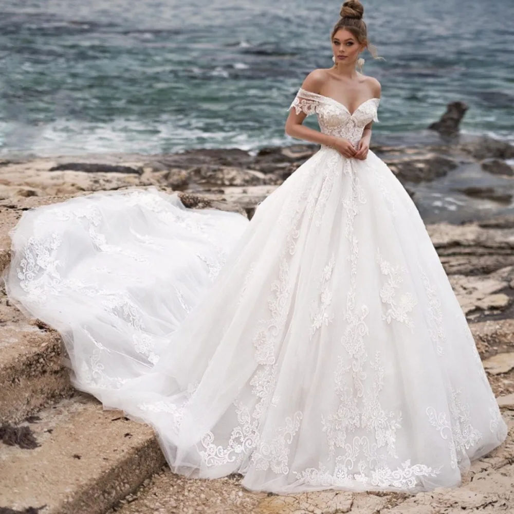 

Luxury Off Shoulder Wedding Dress Sweetheart Appliques Backless Princess Tulle Bridal Gowns Elegant Vestido de Novia