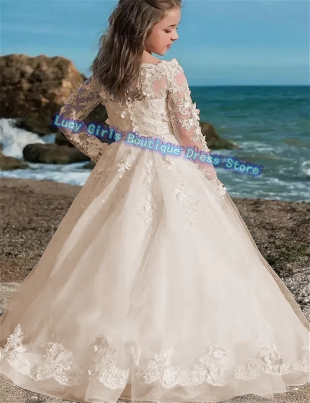 First Communion Dresses Long-sleeved Tulle Lace Decal Princess Flower Girl Dress Wedding Party Ball Dream Kids Surprise Present flower girl dresses