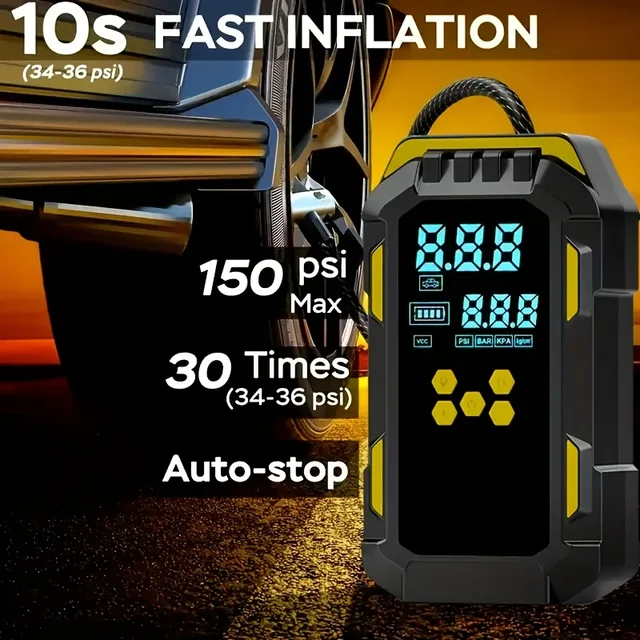 12V Durable 2-in-1 Car Jump Starter & Tire Air Compressor - 150PSI, -40°C-80°C Low-Temp Operation, USB Port for Phones 2