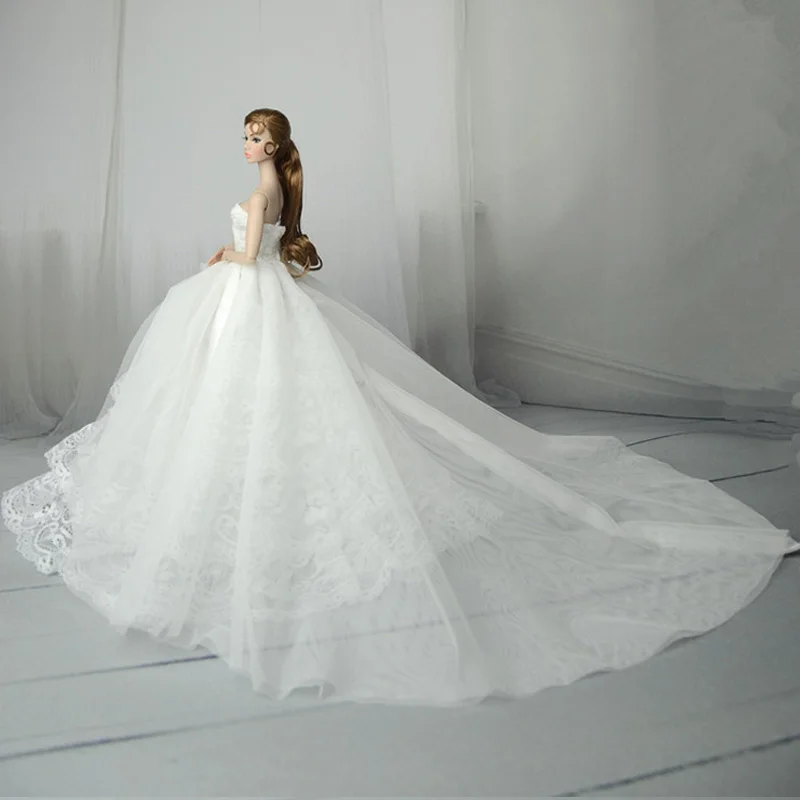 White Lace Handmade Wedding Dress Barbie Doll Outfits Princess Evening Party Ball Long Gown Skirt Bridal Dress Accessories doll clothes barbie doll clothes