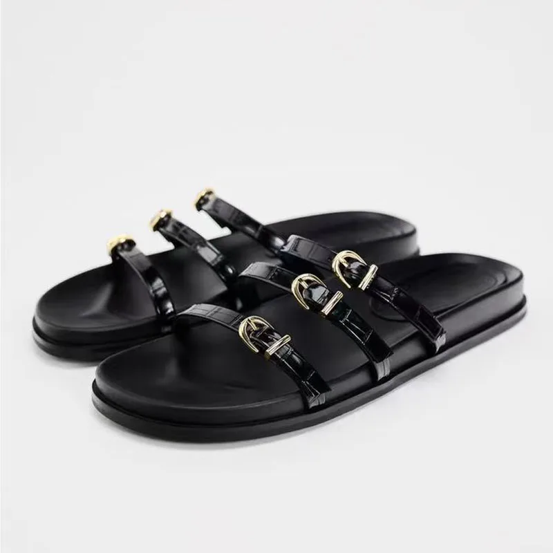 

TRAF Black Flatform Slippers For Woman Leisure Chic 3 Thin Buckle Straps Flat Slipper Women Round Head Open Toe Oudoor Sandals