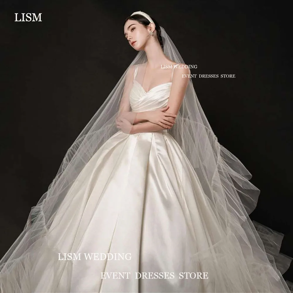 

LISM Elegant Satin Wedding Dresses Sweetheart Spaghetti Strap Sleeveless Pleat A-Line Bridal Gown With Veil For Korea Photoshoot