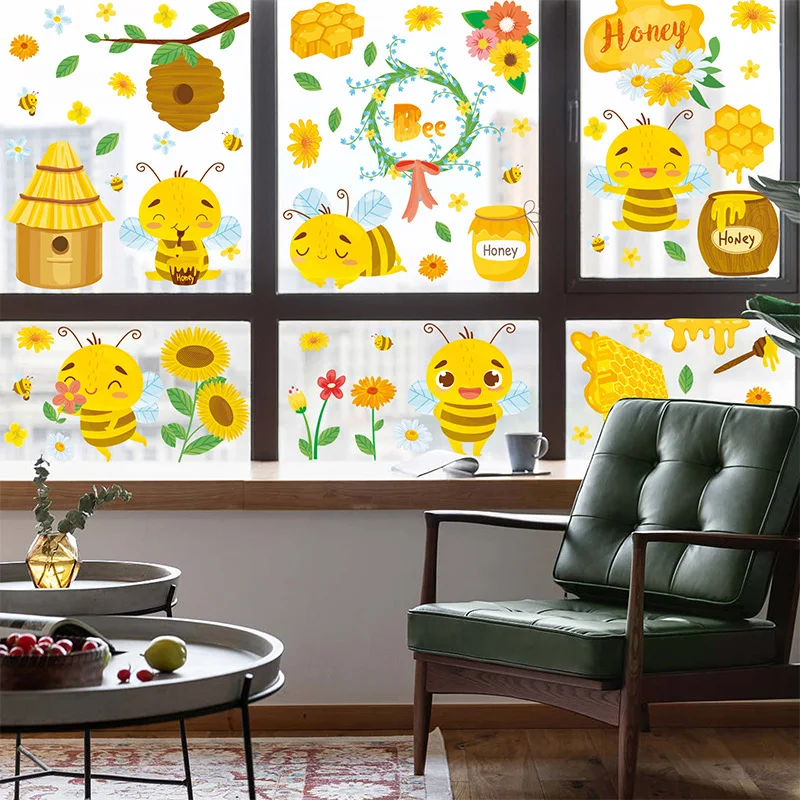 Cute Cartoon Bee Glass Sticker, Static Window Sticker, Mobile Glass Door, 4Pcs