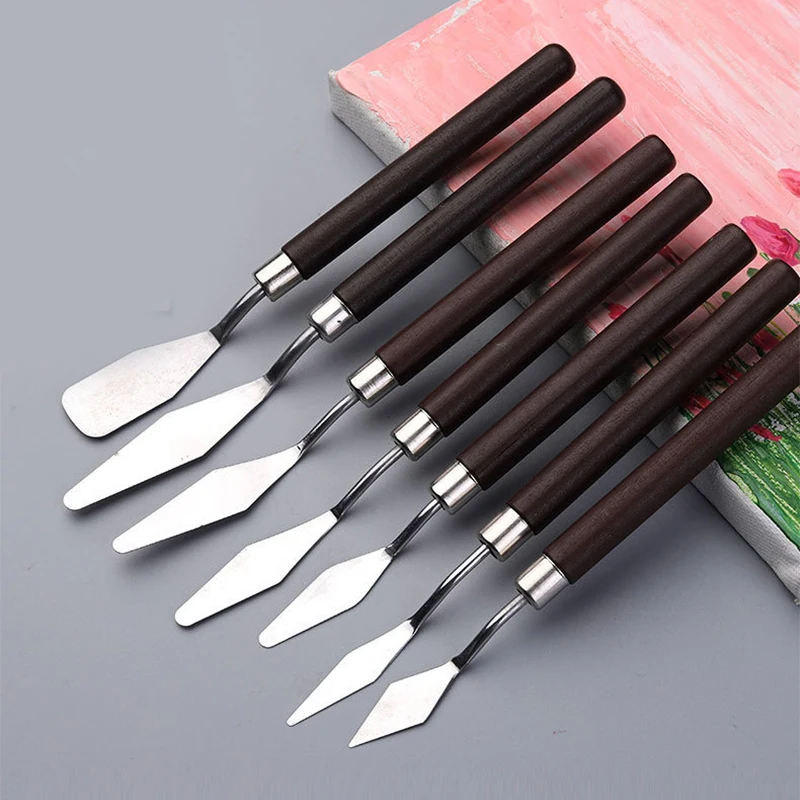 

1/7 Pcs Mahogany Handle Stainless Steel Spatula Kit Palette Gouache Supplies For Oil Painting Knife Fine Arts Painting Tool Set