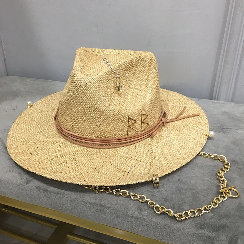 Wide Brim Panama Hat Chain Straw Fedora Hats for Women Summer Beach Hat Vacation Band Pearls Shell Quality Designer Hat 1