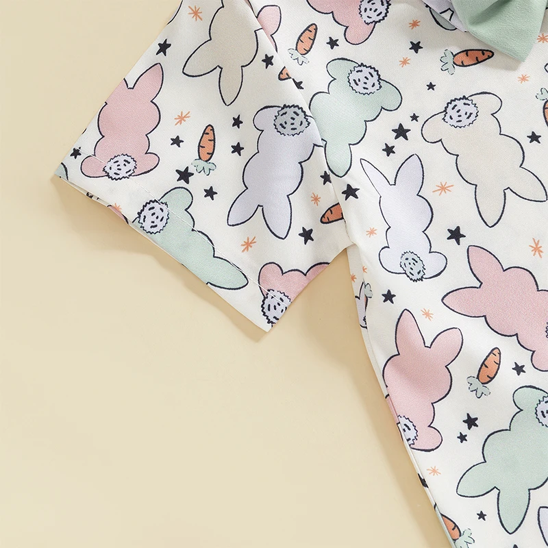 Toddler Boy Easter Shorts Set Bunny Print Short Sleeve Button-up Bow Tie Shirt Pockets Shorts