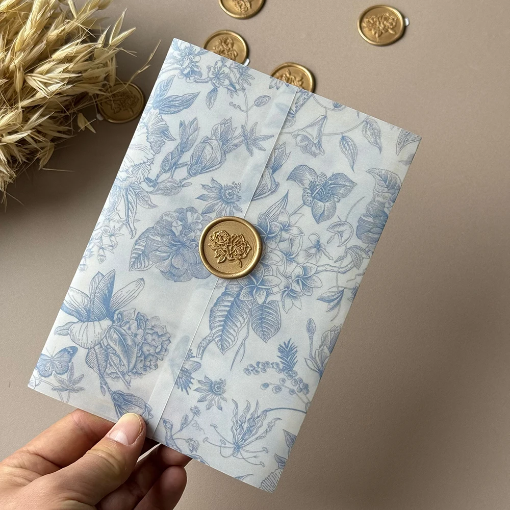 Blue green or pink flower Vellum Wrap suitable for 5 x 7 Wedding Invitation