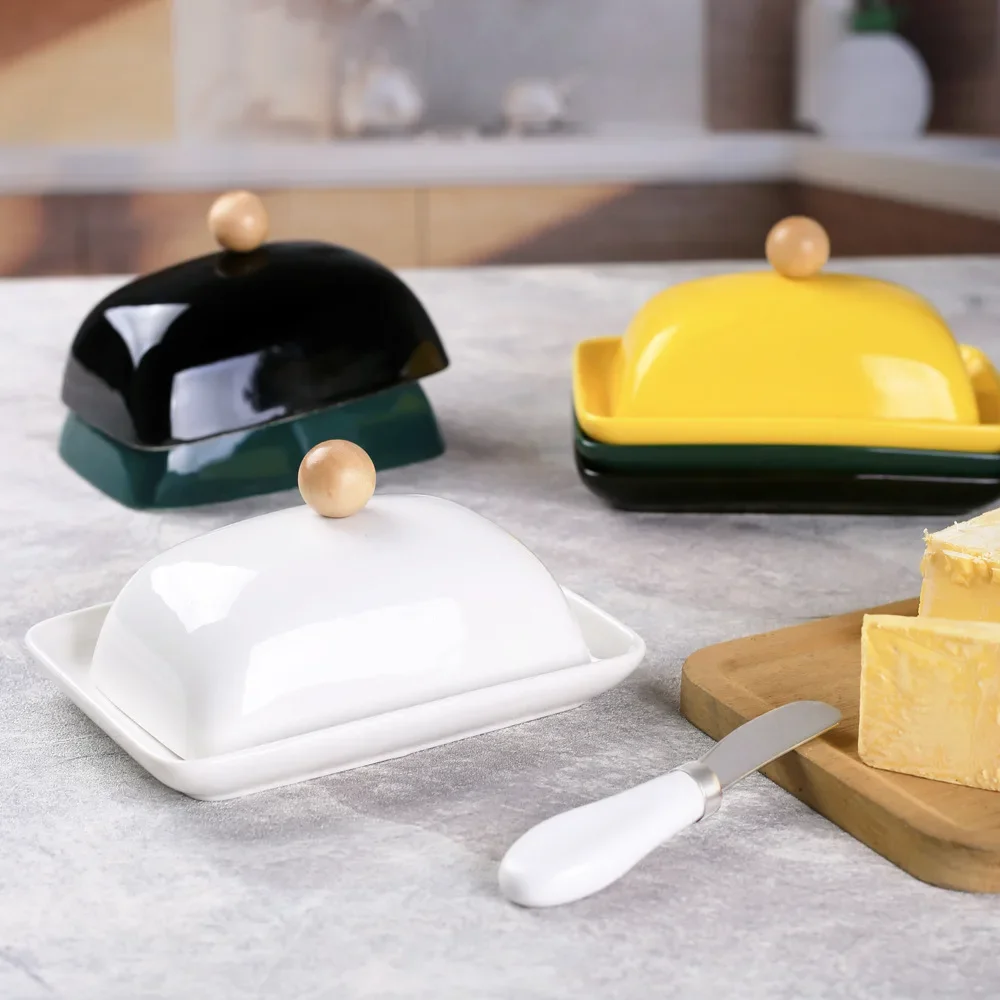 Ceramic Butter Dish with Lid Western Cheese Butter Box with Stainless Steel Knife Restaurant Decorative Kitchen Supplies