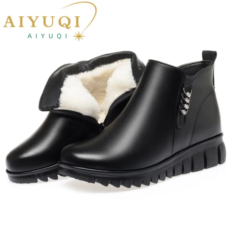 

AIYUQI Mom Snow Boots Non-slip Large Size Natural Wool Women's Ankle Boots Flat For Middle-aged Elderly Women Booties