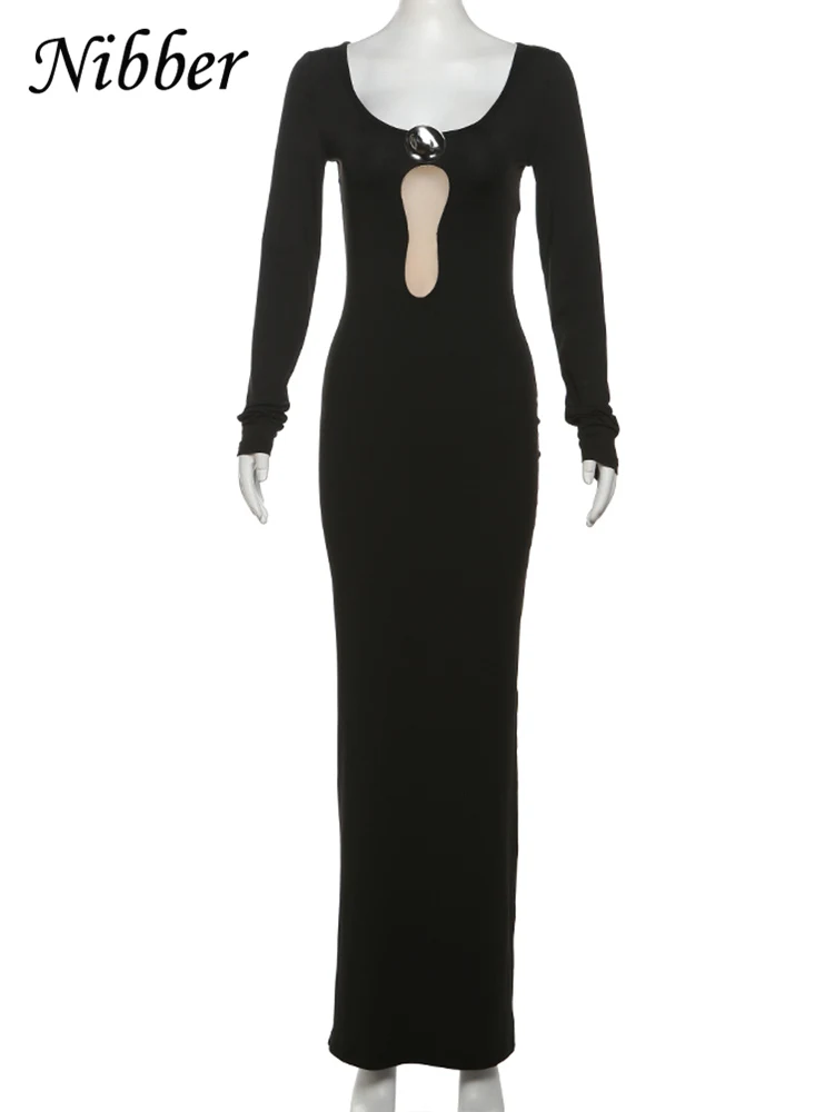 Nibber Metal Patchwork Dress Women Low-Neck Hollow Full Sleeve Fit Autumn Trend Elegant Club Party Banquet Stretch Long Bodycon