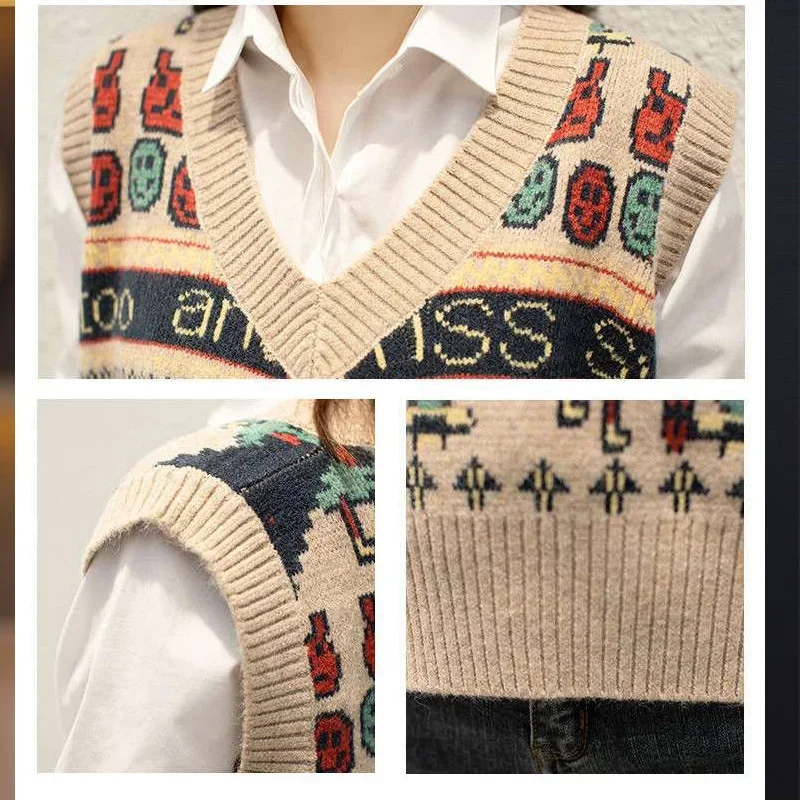 Autumn Winter New Fashion Printing High Street Sleeveless Sweater Vest Women High Street Casual Loose Embroidered Chic Pullover