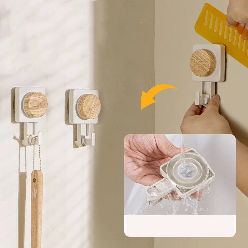 2Pcs Plastic Suction Cup Hook Wood Grain Pattern Wall Mounted Clothe Storage Hangers Washable Waterproof Towel Sticky Hooks