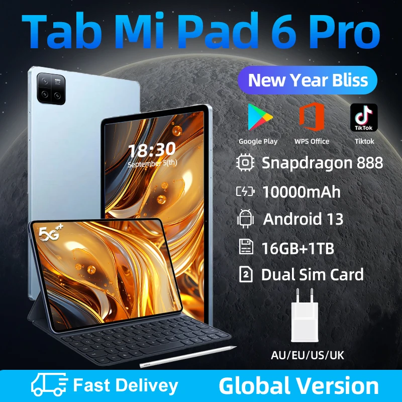 오리지널 글로벌 버전 태블릿 PC 패드 6 프로, 스냅드래곤 888, 안드로이드 13, 10000mAh, 16GB + 1TB, 5G 듀얼 SIM 카드, 와이파이 HD 4K MiTab
