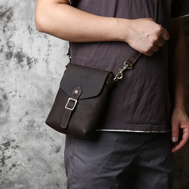 NZPJ Leather Men's Shoulder Bag Top Layer Cowhide Vertical Casual Mobile Phone Bag Crazy Horse Leather Brown Messenger Mini Bag
