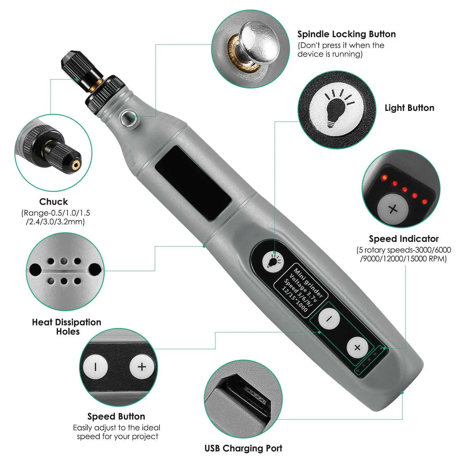 

5 Speed Cordless Electric Mini Grinder Rotary Tool Drill Kit Accessories Set 12V 3000/6000/9000/12000/15000 RPM Engraving