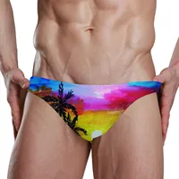New Men Sexy Summer Swimsuit Briefs Low Waist Bathing Suit Bulge Beach Wear Palm Tree Sunset Print Short Sport Homme Swim Bikini 1
