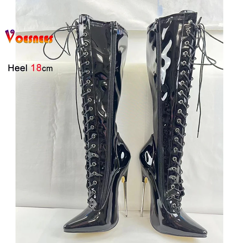 Black 18cm Metal Heel Knee High Women Boots Night Club Stage Pointed Toe Pole Dance Shoes Patent Leather Lady Heels Custom Color