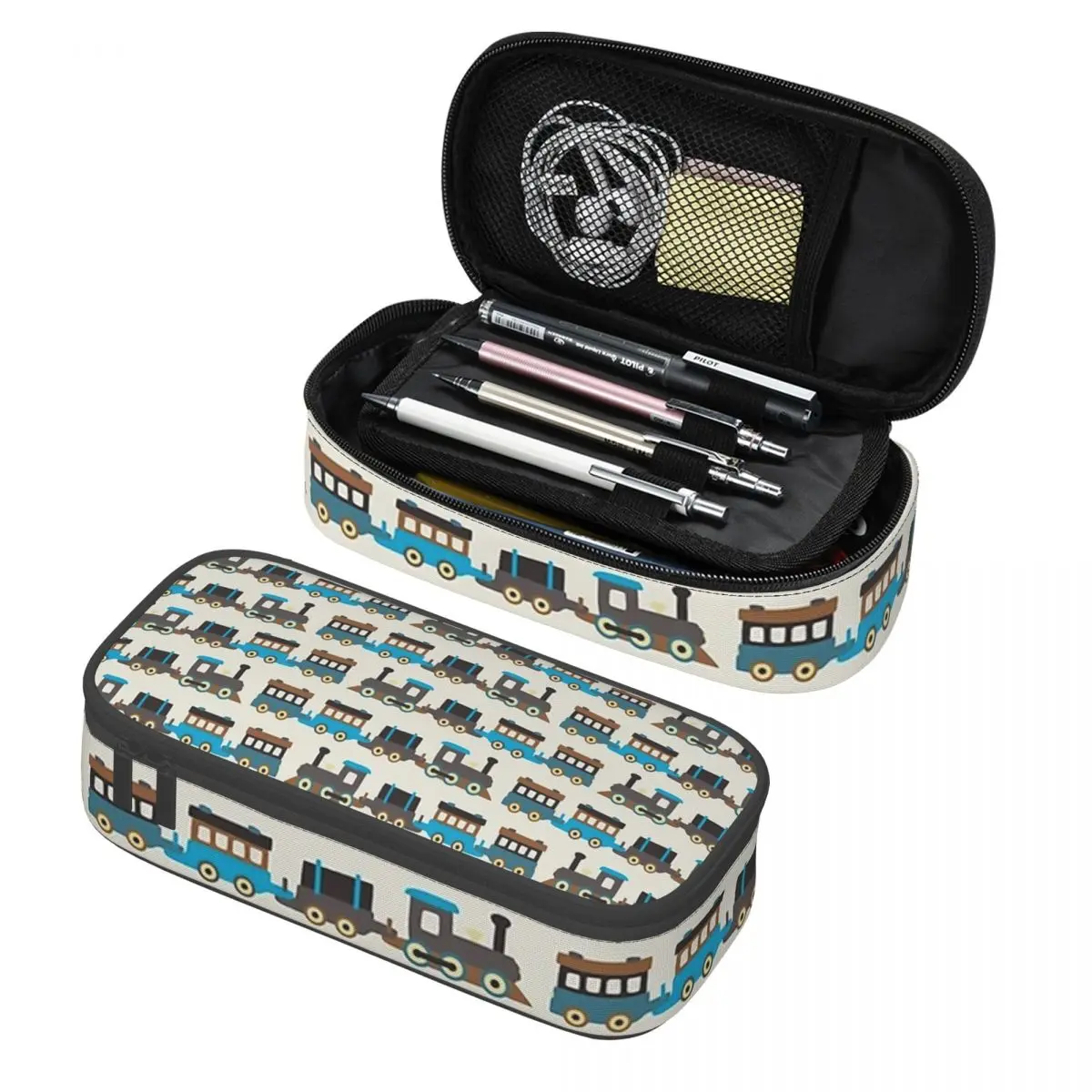 Blue And Brown Wooden Toy Train Pencil Cases Large Storage Pen Bags Pen Box Pencil Pouch For Boys Girls Students School Office