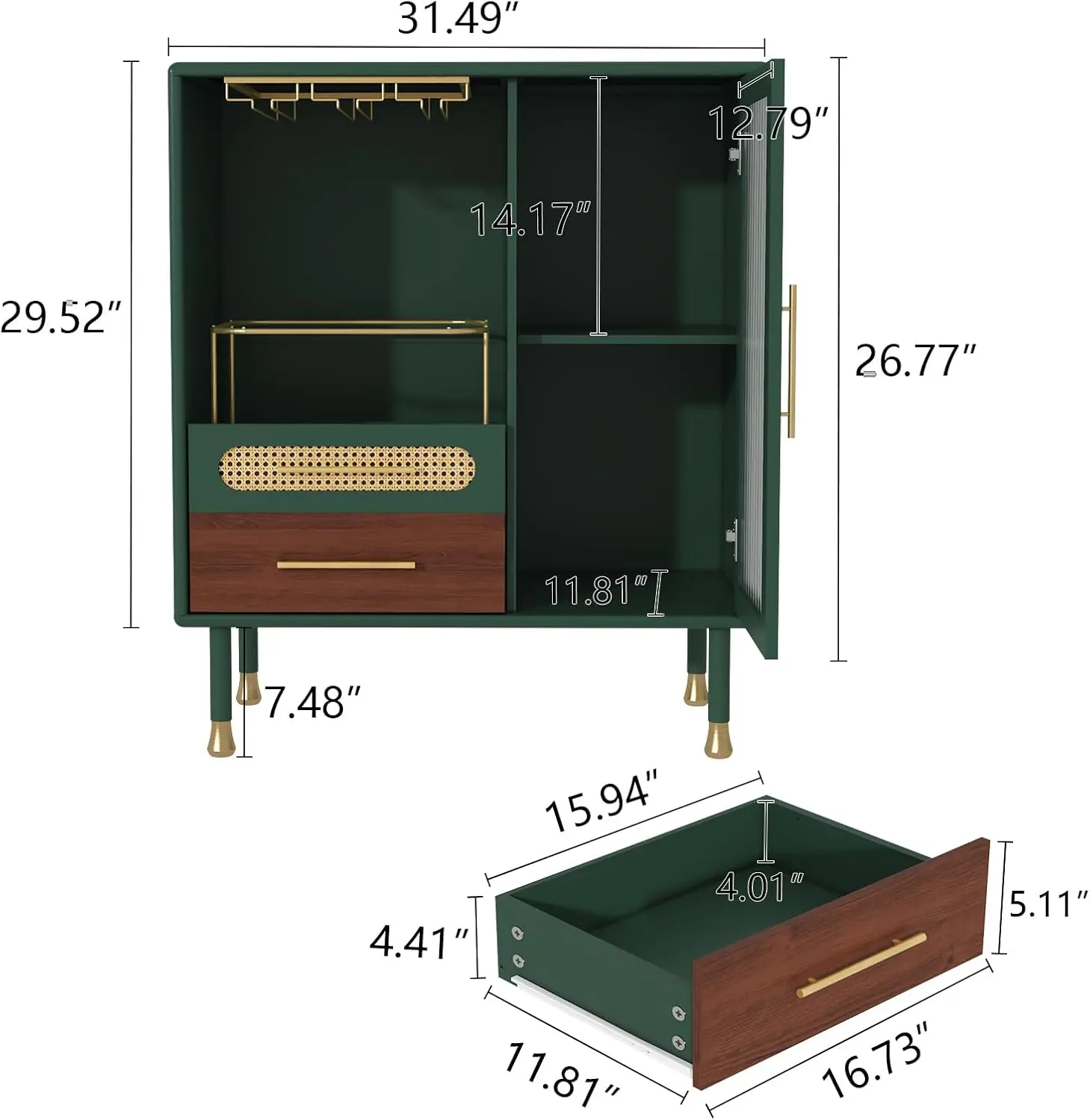 Modern Coffee Bar Cabinet with Wine Glass Rack and Drawers, Green Liquor Cabinet with Pull-Out Wine Storage