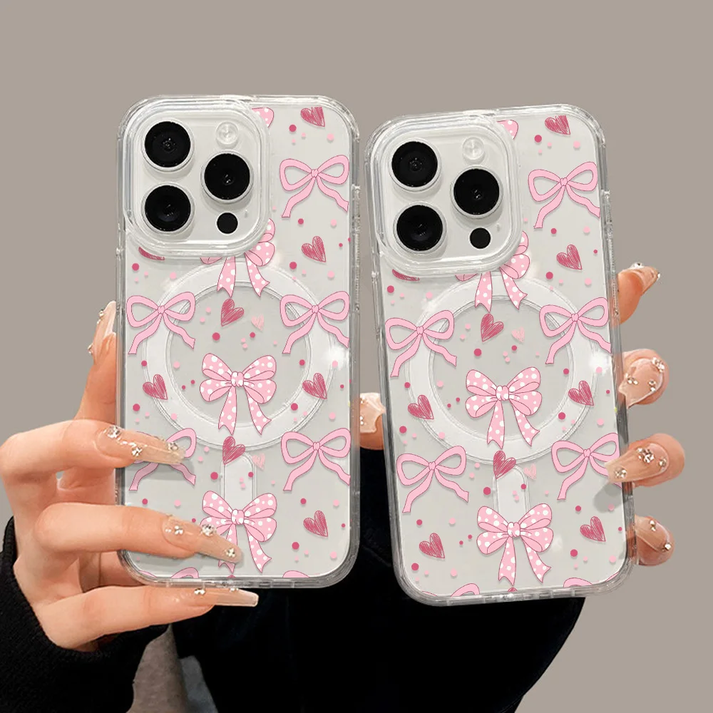 Elegant Pink Bow Transparent Phone Case - Shockproof & Protective Cover with Wireless Charging Compatibility