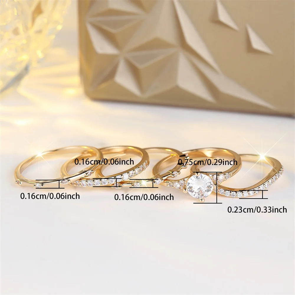 5pcs/Set Luxury Crystal Round Stone Wedding Ring Sets For Women Vintage Gold Color White Zircon Engagement Jewelry Bridal Gifts