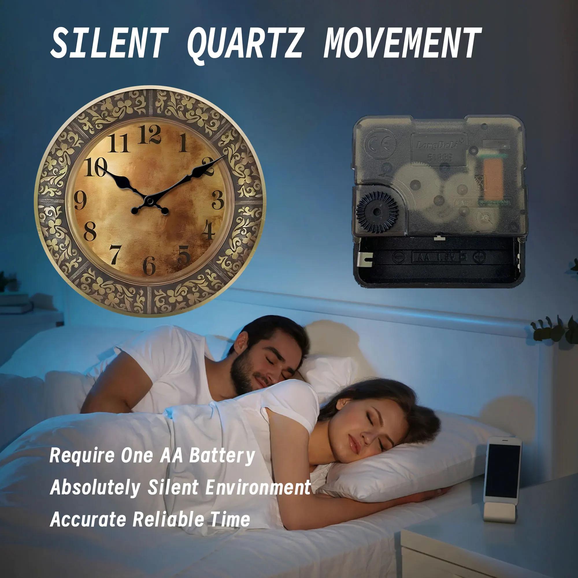 Wooden Silent Wall Clock with Antique Brass Pattern 4