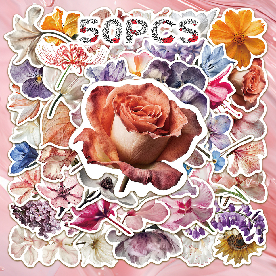 50pcs blooming flowers decorative stickers for laptop tablet refrigerator diary handbook notebook cell phone case skateboard