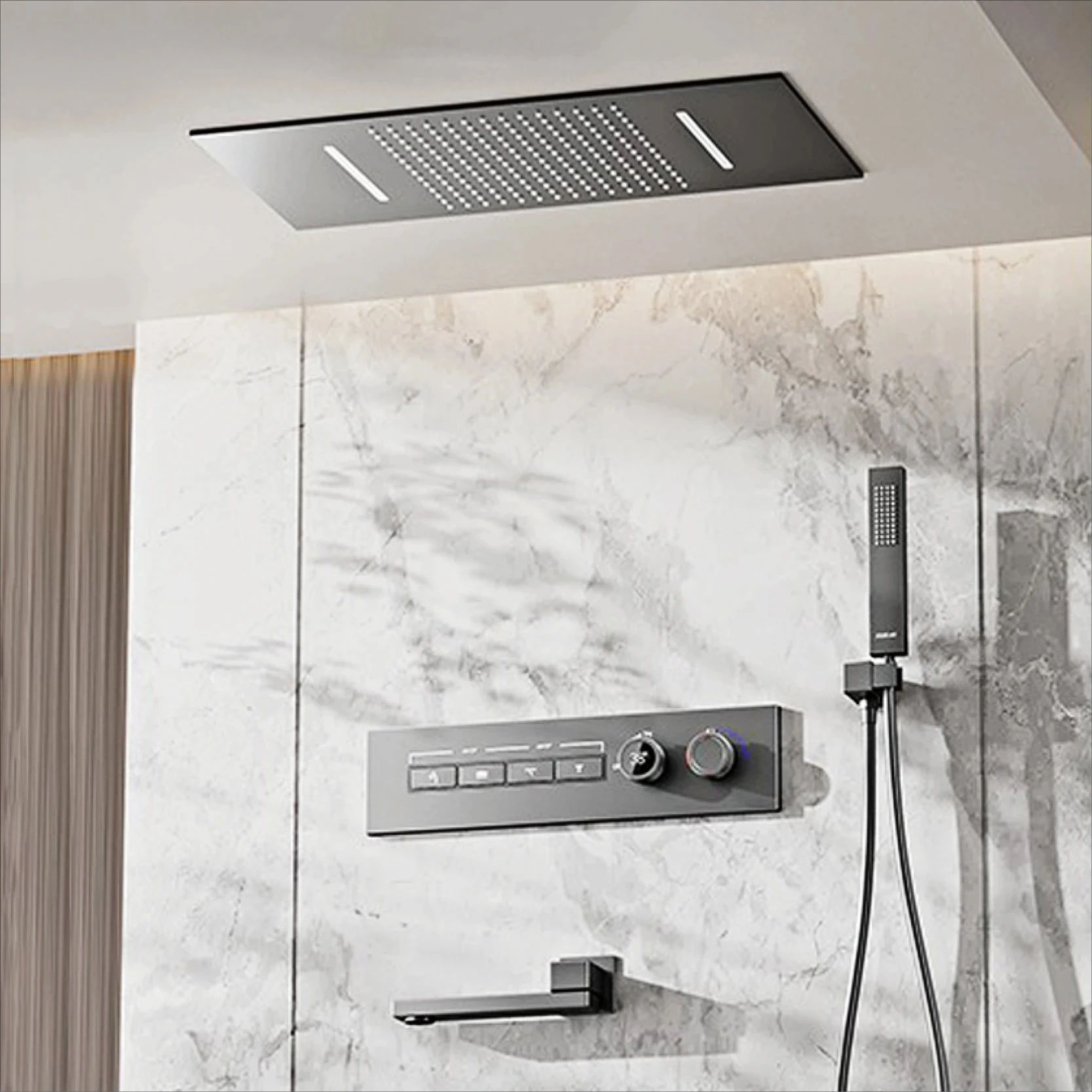 ระบบฝักบัวฝังทองเหลืองขัดเงาทองหรูหราพร้อมการออกแบบจอแสดงผลดิจิตอลอุณหภูมิคงที่ ก๊อกน้ําห้องน้ําน้ําร้อนและน้ําเย็น 1