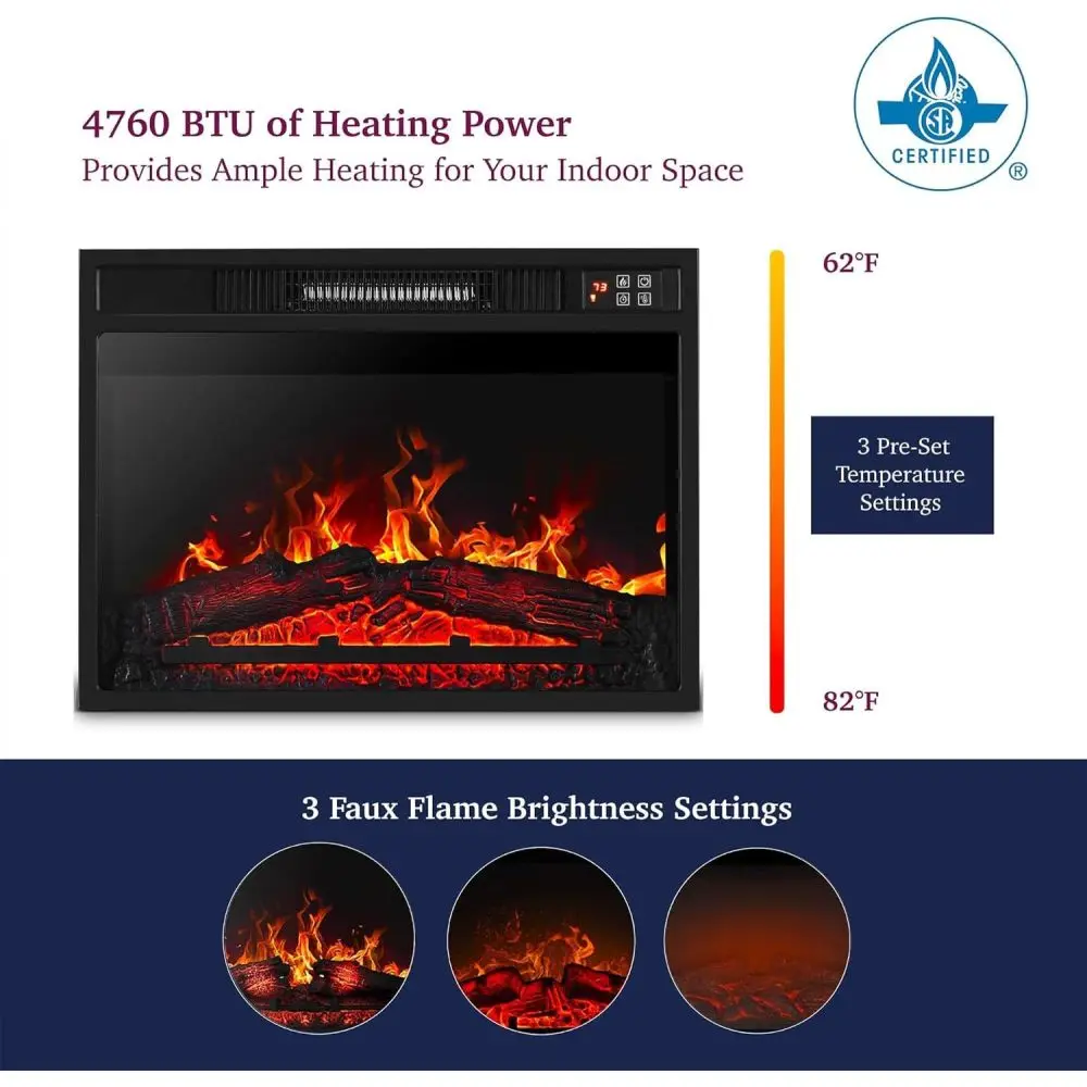 23" Electric Fireplace, 3DInfrared Black Fireplace Electric Insert Heater, with IR Remote Control, Glass View, Adjustable 6