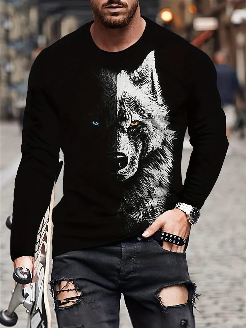 Man wearing a long sleeve 3D abstract wolf print T-shirt in hip hop streetwear style