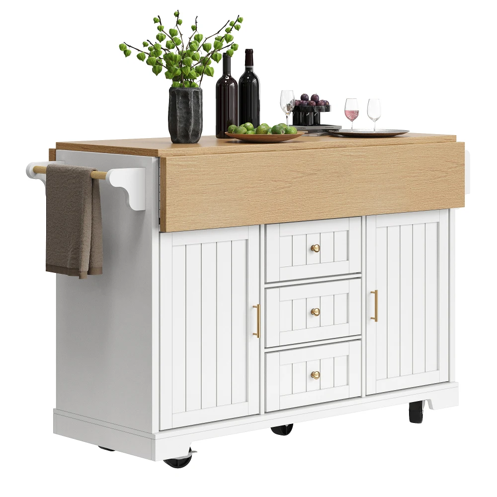 120 x 40 (80) x 95 cm Kücheninsel- und Buffetschrank – rollender doppelseitiger ausziehbarer Trolley, Türen + Schubladen, Handtuchhalter und Gewürzregal – Detail 31